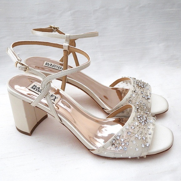 Badgley Mischka Blaine Ivory Satin Beaded Mesh Dress Sandals - Picture 3 of 13